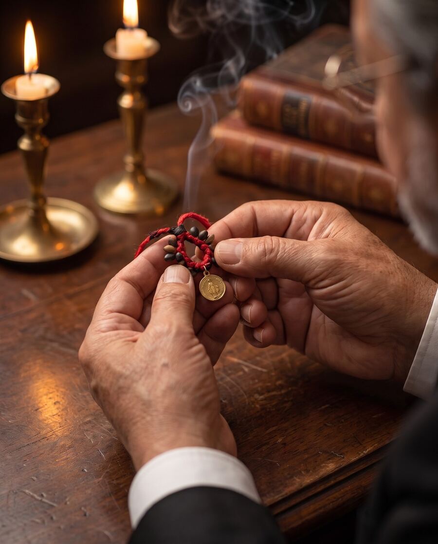Manos preparando un resguardo de hilo rojo con semillas y una medalla