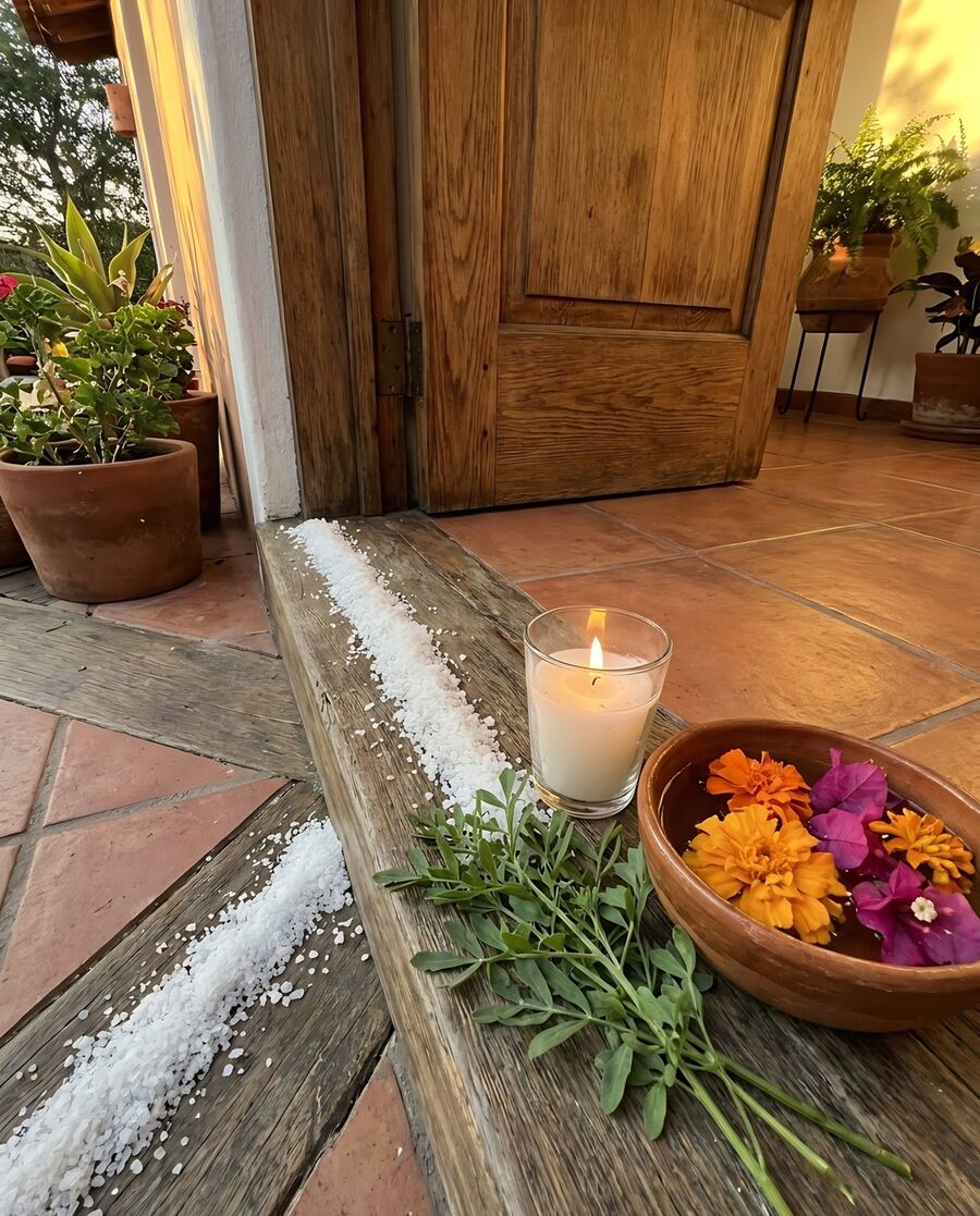 Entrada de una casa con sal, veladora blanca, ruda y flores en agua